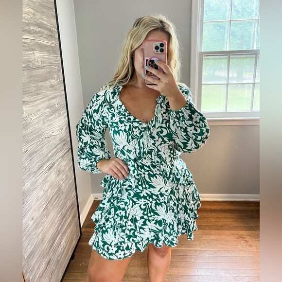 Free People Long Sleeve Green White Dress Mini Small - Picture 2 of 12